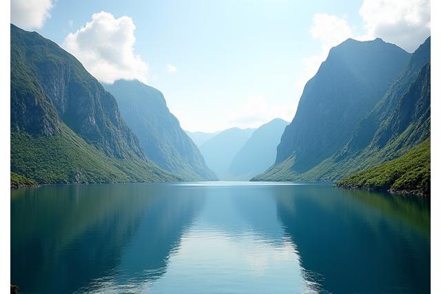 Stille og majestetisk norsk fjordlandskap med fjell og klart vann under en klar himmel